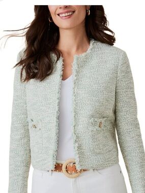 J. McLaughlin Mint Green Bouclé Collarless Jacket